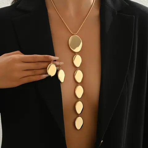 Women's Fashion Simple Earrings Necklace Jewelry Set, Geometric Irregular Pendant, Long Y-Shaped Pendant, Metal Style Accessories, Elegant Jewelry Set, Trendy Jewelry Set, Fashionable Jewelry Set
