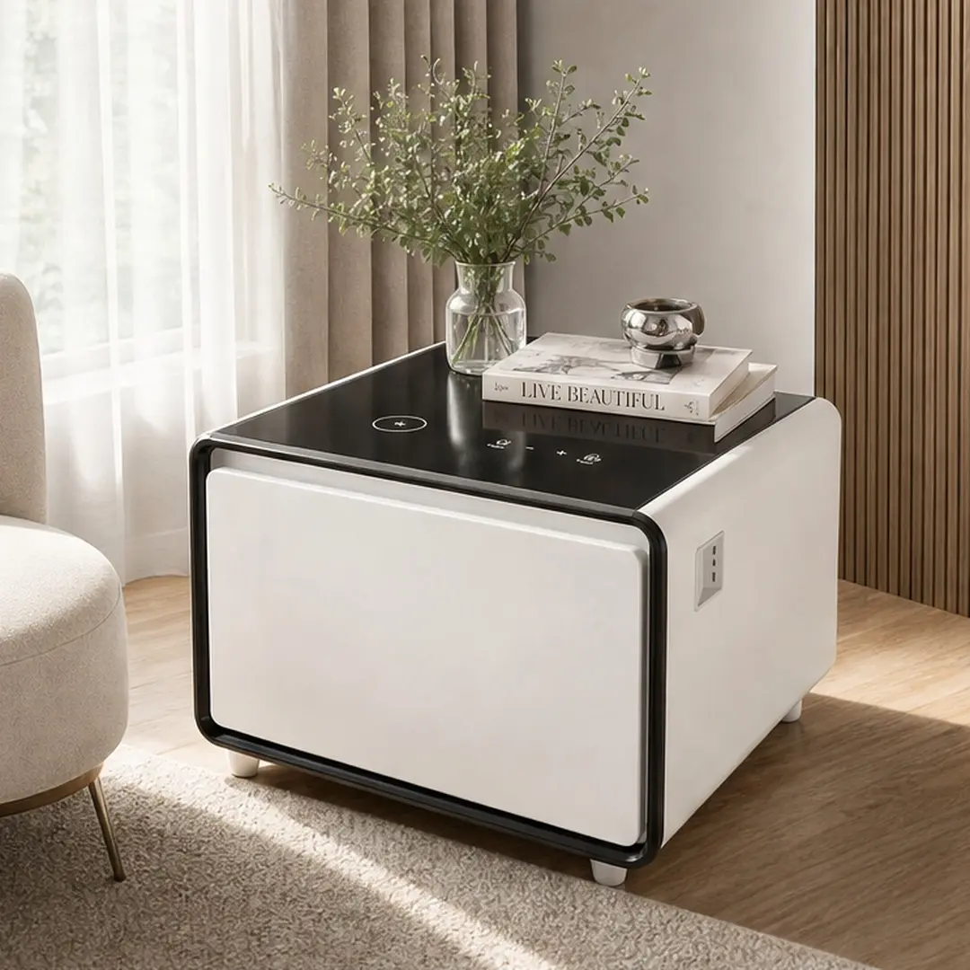 ARCH Luxury Modern Tech-Integrated High-End Rectangle Smart Side Table - ABS, Black/White, Freestanding, Built-In Fridge, Wireless Charging, USB Ports, Power Outlets, Induction Light, 27.76x26.26x18.11in, for Living Room, High-End End Tables, Rectangle En