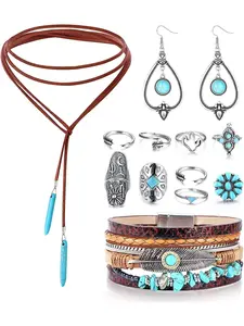 Bohemian Turquoise Jewelry for Women Men Western Turquoise Set Western Adjustable Belt Rings and Necklace Vintage Turquoise Drop Earrings Bracelet Western Boho Turquoise Jewelry for Women