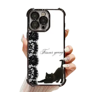 Cute Black Cat Electroplated Corner Shockproof Phone Case, Coquette Polka Dot Lace Aesthetic Protective Cover For iPhone 11 12 13 14 15 16 17 Pro Max Plus AIR & Samsung S22 S23 S24 S25 S26 Ultra Plus EDGE FE 4‑Corner Shockproof Protective Cover#SJDMAO