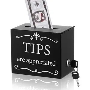 Lockable Metal Tip Jar with 2 , 6 x 4 x 5 Inch Donation Box, Suggestion and Raffle Box for Bars, Cafes, Restaurants, Desks and Fundraising Events