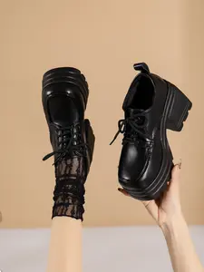 Women's Spring & Fall New Fashion Height-Boosting Round Toe Block Heel Slip-On Shoes, Comfortable PU Leather High Heels, Plus Size Available Footwear