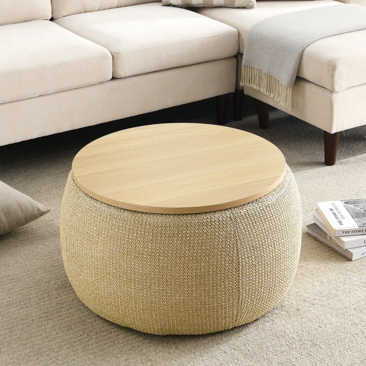 Faux Rattan Circular Storage Ottoman - Handcrafted Woven Texture MDF Frame 1-Seat Indoor Furniture, Wooden Lid Tray Footrest Coffee Table for Living Room (Boho Multi-Purpose)