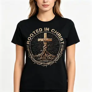 "Rooted In Christ Vintage Cross" Christian Faith Graphic Tee |   Inspirational Bible Scripture Spiritual Belief Statement T-Shirt |   Men's & Women's Casual Streetwear Top
