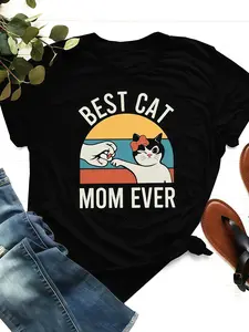 Best Cat Mom Ever Graphic Tee, Breathable Casual Fitted Short Sleeve Top, Comfortable Cotton Fabric, Summer Essential for Women