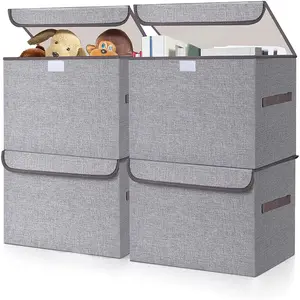 Large 22 Quart Linen Fabric Foldable Storage Bin Cube Organizer Basket with Flip-Top Lid & Handles, Clothes Blanket Box for Home, Office, Closet, Gray, 4 Pack 14.6 x 9.5 x 9.5"