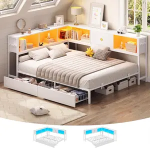 The Corner Twin Bed Frame with Storage Drawers and Bookcase Headboard, Twin Size Metal Platform Corner Bed Frame with Charging Station and LED Lights, Twin Daybed for Kids Teens Guests