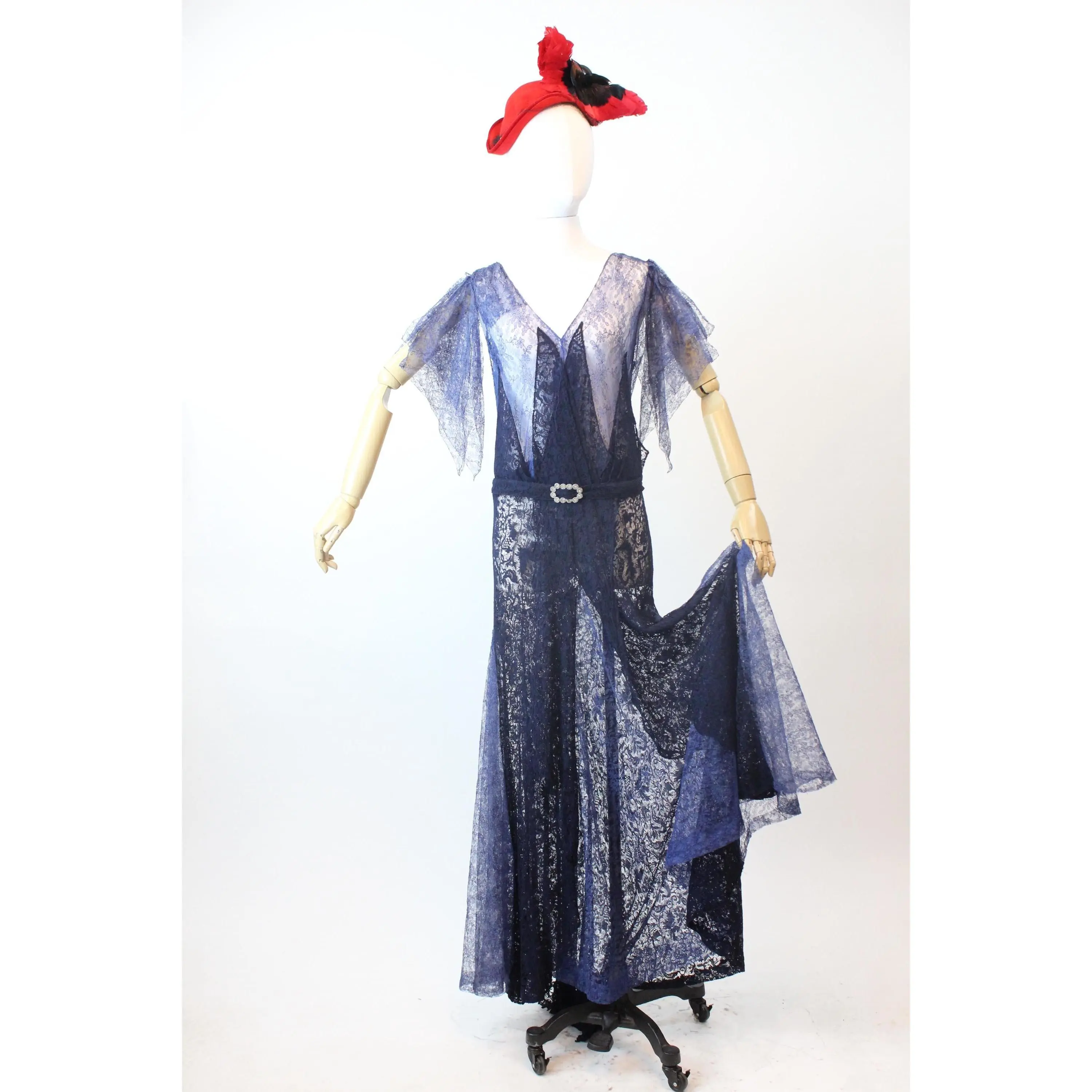 1930s TWO TONE blue lace GOWN flutter sleeves dress small medium | new fall winter Formal Light