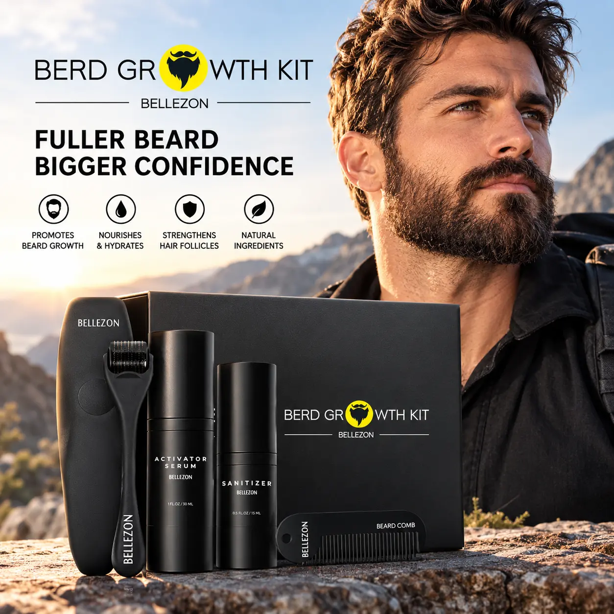 Men's Beard Growth Liquid Care Set with Honey, Turmeric+Biotin, Titanium Alloy Derma Roller - Home Grooming Tool for Promoted Growth, Enhanced Serum Absorption, Facial Skin Care