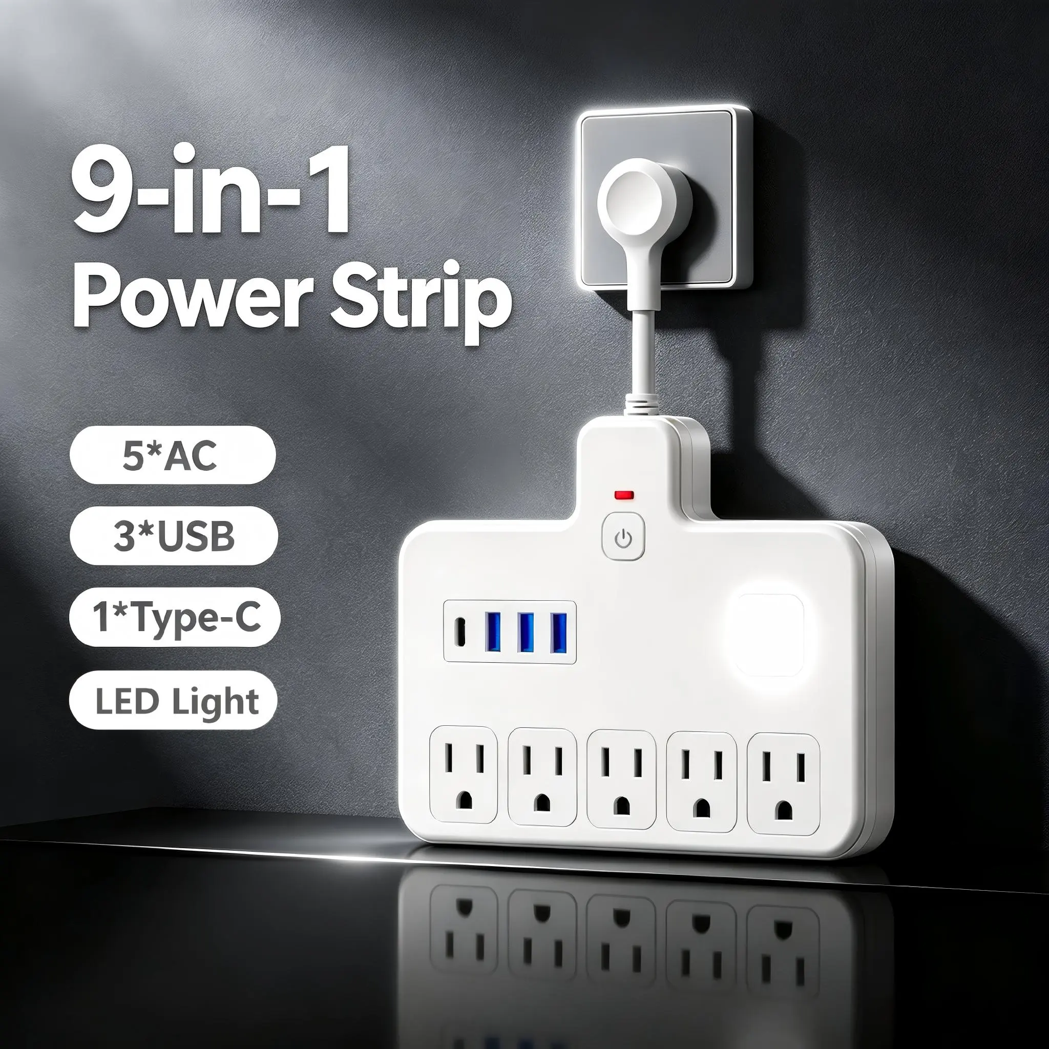9-in-1 Multi-Function Power Strip - 2500W Fire-Resistant Multi-Charge, 5 AC Outlets, 3 USB-A Ports, 1 USB-C Port, LED Night Light, Surge Protection, Power On/Off Switch, Minimalist Design, Ideal for Bedroom, Office