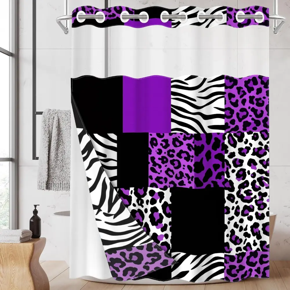 1pc hookless shower curtain with buckle lining, Shower Curtain Liner, purple, black, leopard print patchwork design, 2D flat printing, waterproof fabric lining, see-through double-layer, 71 x 74 inches, modern home curtain