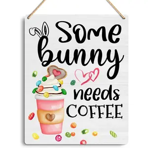 Rustic Bunny Farmhouse Home Office Wall Decor Funny Easter Coffee Wood Sign Seasonal Holiday Easter Decorations Front Door Living Room Porch Yard Wall Hanging Decor Sign 8 X 10 Inch