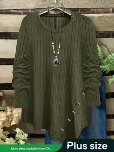 Plus Size Women's Comfortable Loose Round Neck Button Asymmetrical Hem Long Sleeve T-Shirt, Casual Fashion Top for Spring & Fall