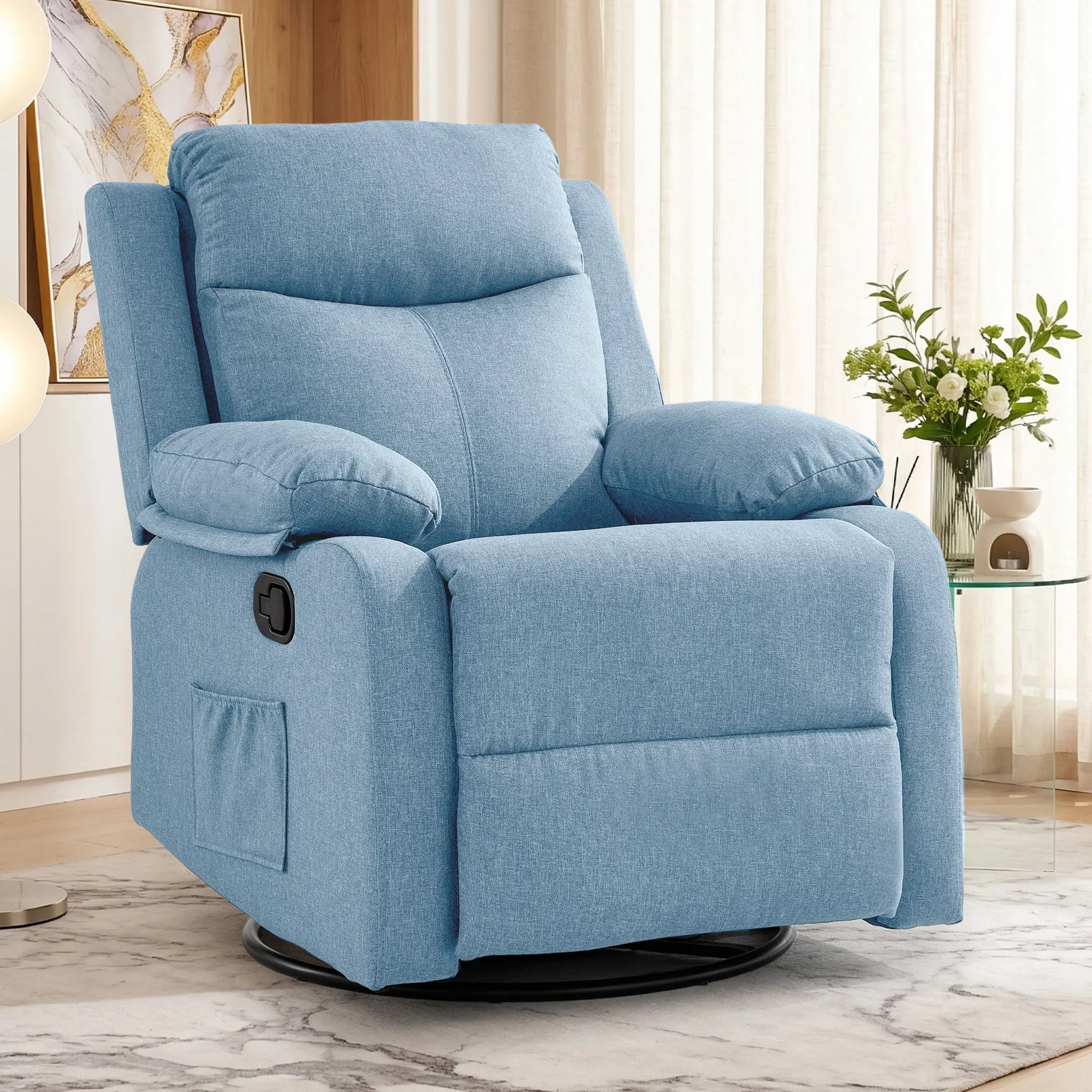 Korser 360° Swivel Rocker Recliner Armchair with Armrest - Linen Fabric Durable Seating, Ergonomically Adjustable Back, Compact Design, Assembly Required, Ideal for Small Spaces & Nursery