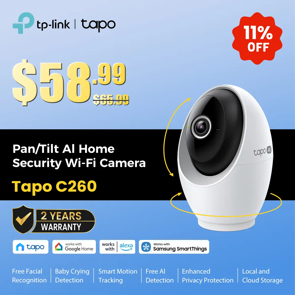 TP-Link & Tapo C260 RoomCam 360° 4K Ultra HD Pan Tilt Dual Band WiFi Indoor Security Camera with AI Face Recognition Two Way Audio and Enhanced Privacy Mode