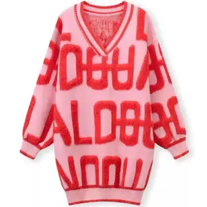 Love a Chillin Day Out Mini Long Sleeve V-neck Sweater Dress Plus Size Cozy Party Wear with Bold Letter Pattern Womenswear Casual