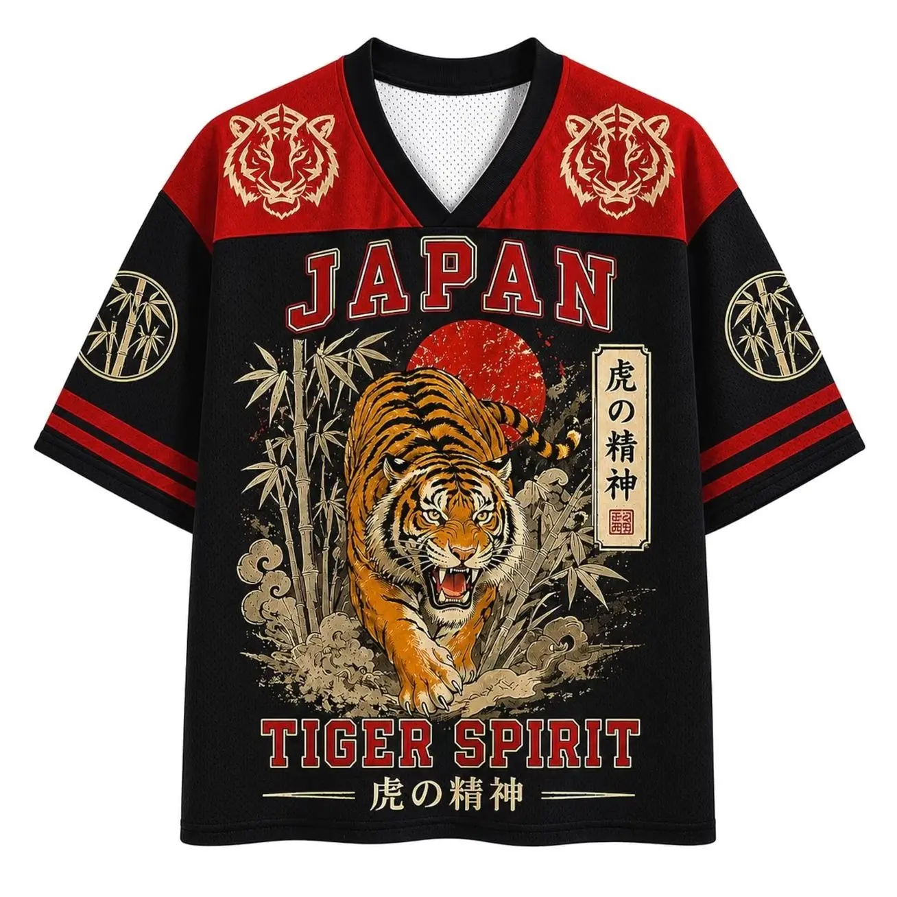 Japan Tiger Spirit #11 Vintage Samurai Sports Jersey • Japanese Tiger Bamboo Graphic V-Neck Mesh Shirt • Retro Athletic Streetwear Tee