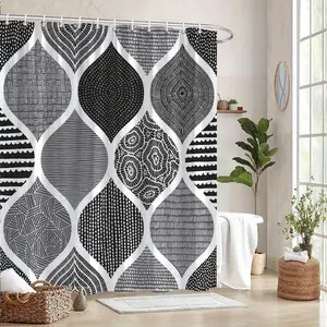 1pc Black and White Geometric Teardrop Shower Curtain - Abstract Minimalist Design with Repeating Lines, Dots & Circular Motifs, 70x70 Inches, Durable Polyester Fabric, Machine Washable, 12 Hooks Included, Easy Installation for Modern Bathroom Decor