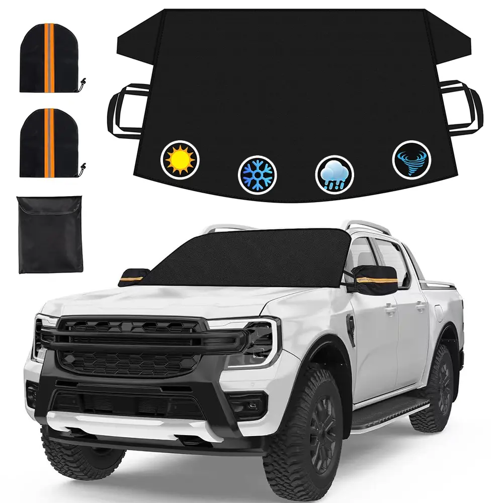 Car Windshield Sun and Snow Protective Cover - 600D Windshield Snow Cover with Side Mirror Covers, Durable, Used for Summer Sun Protection, Standard Winter Frost and Hail Protection, Fits Most Cars, Trucks, SUVs, Vans, and Crossovers (74 x 59 inches)