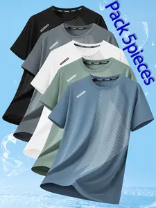 5-Pack – Assorted Colors Men’s Casual Sports T‑Shirts, Quick-Dry Summer Short‑Sleeve Tops, Stretchable and Breathable Printed Fitness Training Shirts for Men, Suitable for Sports, Outdoor Activities, and Casual Wear; Ideal as a Gift