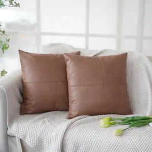 Faux Leather Patchwork Throw Pillow Covers, 18 x 18 inch Set of 2 Luxury Cognac Leather Modern Decorative Pillowcases for Bedroom Living Room Sofa  Garden (Brown, 18" x 18")