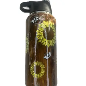 Duo Hydro Tumbler 32 Ounce stainless steel Wood Grain Peekaboo Sunflower Bee Glitter Epoxy Handmade Drinkware