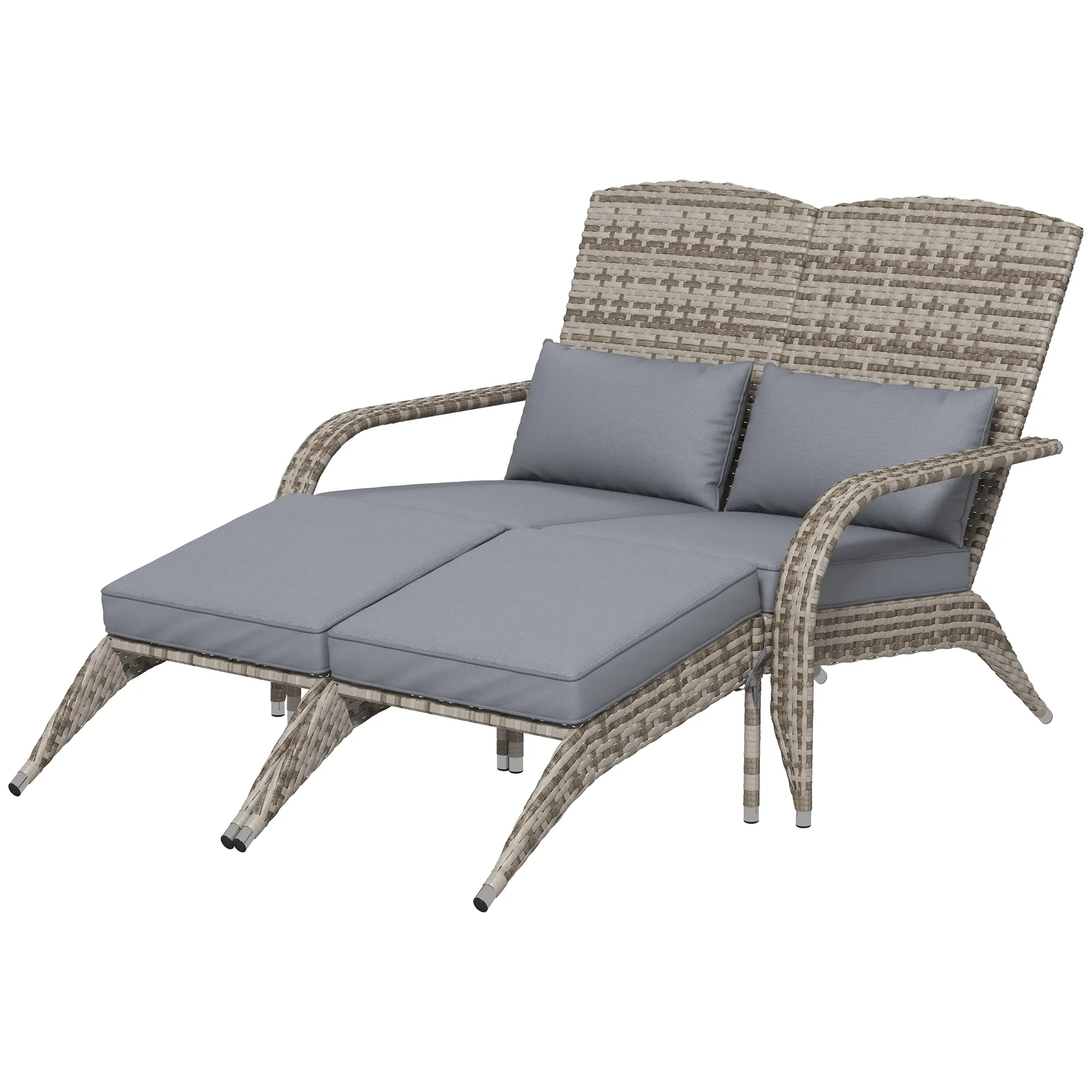 Gray PE Rattan Double Wicker Adirondack Chair for 2 - with Cushions, Footrests, Wide Armrests, High Back - Outdoor Fire Pit Porch Lounge Chair