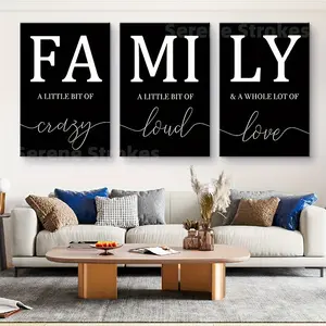 Family Quote Canvas Wall Art Set - 3pcs Framed Black & White Art with Heartwarming Phrases for Living Room, Bedroom, Office Decor