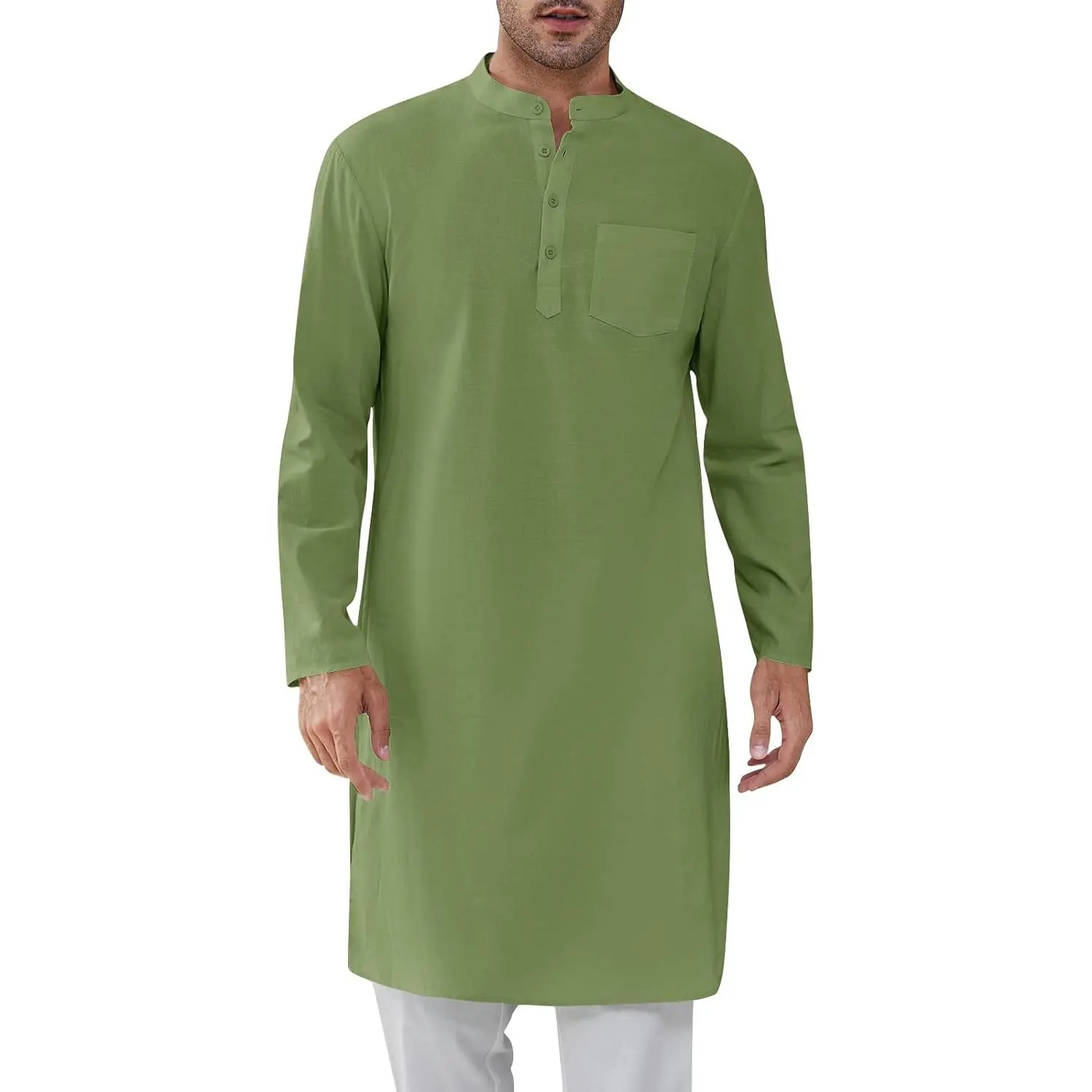 PASLTER Mens Kaftan Robe Button Down Long Sleeve Henley Cotton Thobe Casual Side Split Gown Shirt