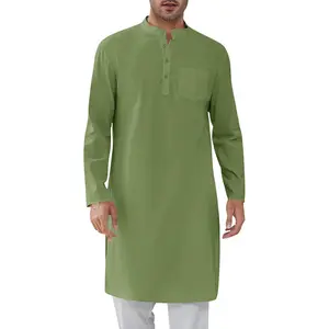 PASLTER Mens Kaftan Robe Button Down Long Sleeve Henley Cotton Thobe Casual Side Split Gown Shirt