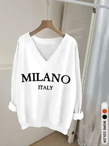 Women's Casual V-Neck Long Sleeve Sweatshirt, Letter Print, Ribbed Hem, French Elegance, Single Wear or Layered, Fall & Winter