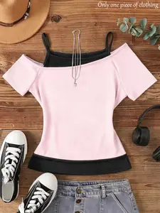 Y2K Colorblock Shoulder-Exposed T-Shirt, Fake Two-Piece Short Sleeve Top, Vintage Streetwear Street Style, Spring Summer Fashion, Casual Everyday Daily Wear