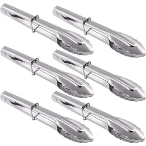 Mini Stainless Steel Food Tongs with Silding Rings 7-Inch - Set of 6 - Small Clam Shell Service Tongs for Serving Appetizers, Desserts, Salads, Barbecue and Cooking (Silver)