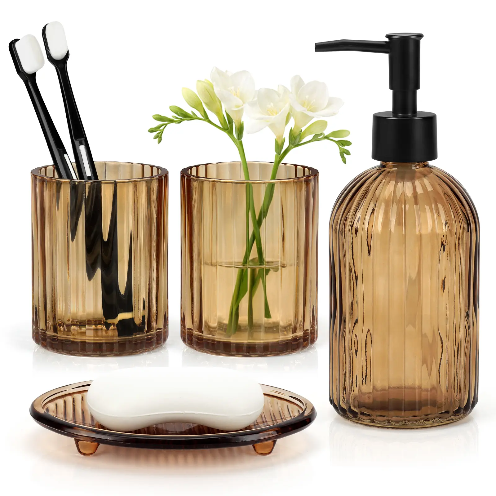 Amber Smooth Stripe 4Pcs Modern Vintage Glass Bathroom Accessories Set - Giftable Lotion Soap Dispenser, Toothbrush Holder, Mouthwash Cup, Soap Dish for Bath Decor, Organized Countertop Vanity