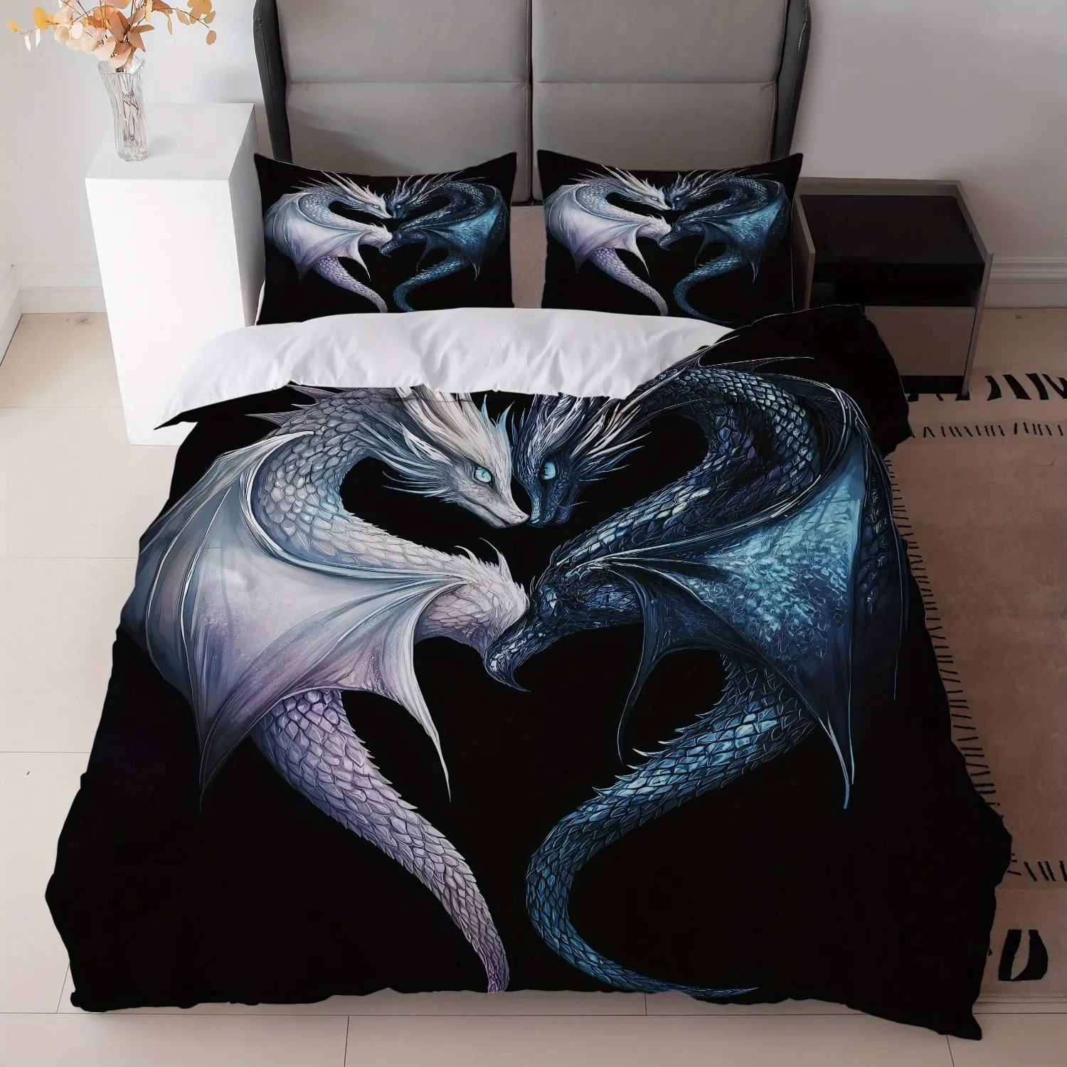 3-Piece Black Dragon Print Bedding Set - 1 Duvet Cover + 2 Pillowcases, Fantasy Theme Suitable for Bedroom Decoration, Zipper Closure, Polyester Fiber, Comfortable for All Seasons, Queen Size, Four Seasons Bedding |   Majestic Dragon Design |   Zippered D