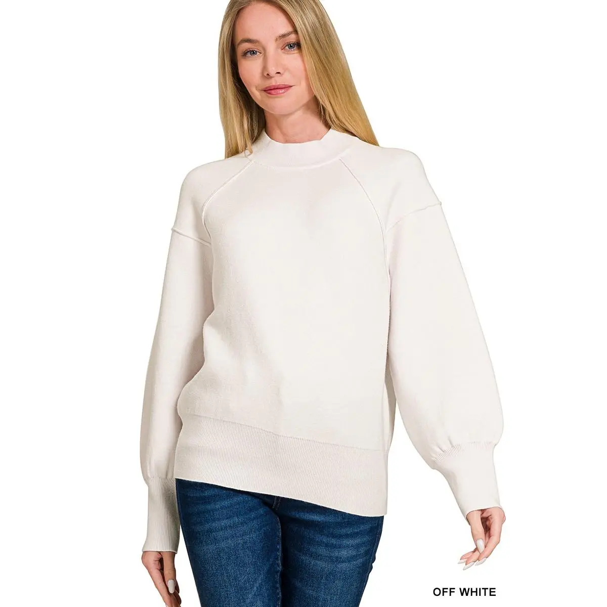 Zenana Viscose Mock Neck Exposed Seam Sweater