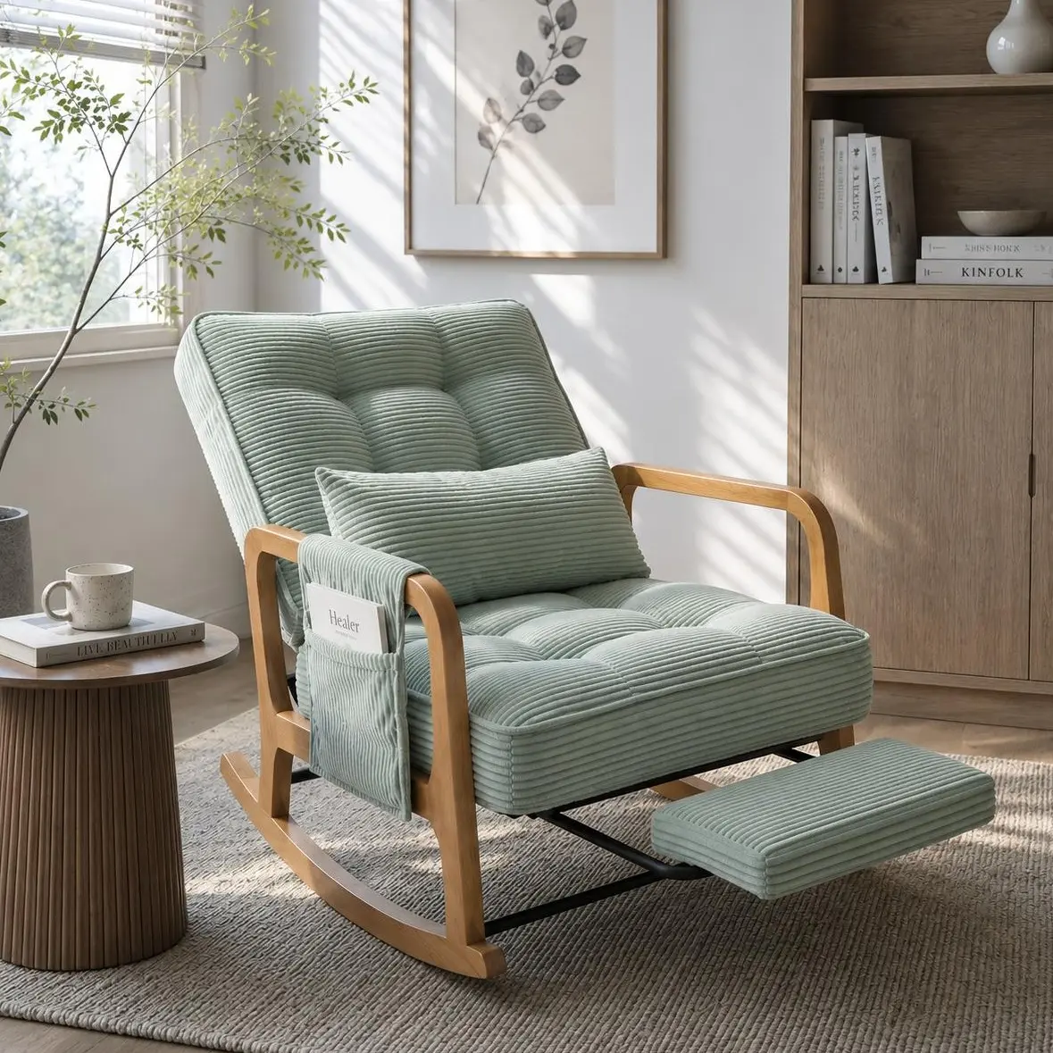 Modern Nursery Rocking Chair Glider with Retractable Footrest, Soft Corduroy Glider Recliner Armchair with Lumbar Pillow & Storage Pocket for Nursing, Breastfeeding, Bedroom, Living Room