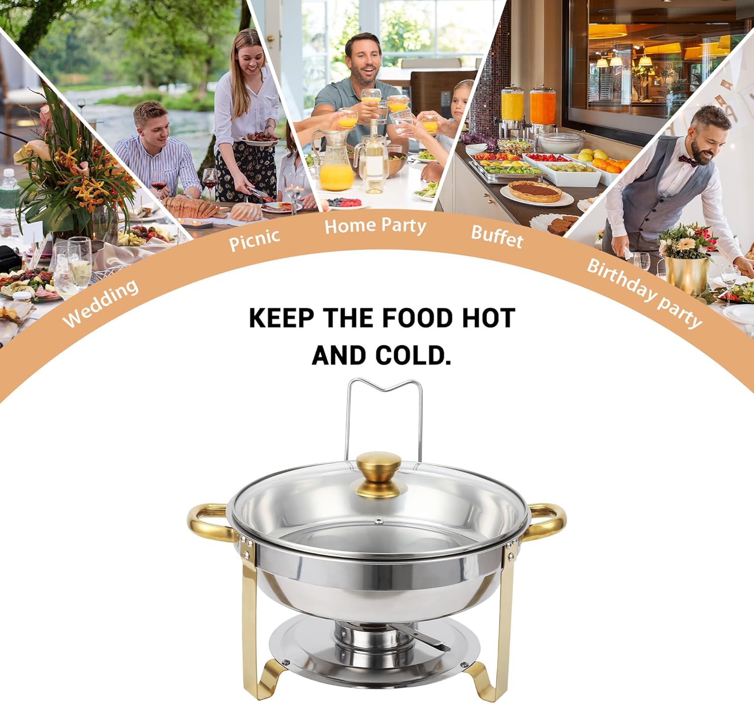 Chafing Dishes for Buffet 4 Pack, 5QT Round Chafing Dish Buffet Set with Visible Glass Lid Stainless Steel Buffet Food Warmers Sets for Wedding Party Banquet, Gold and Silver