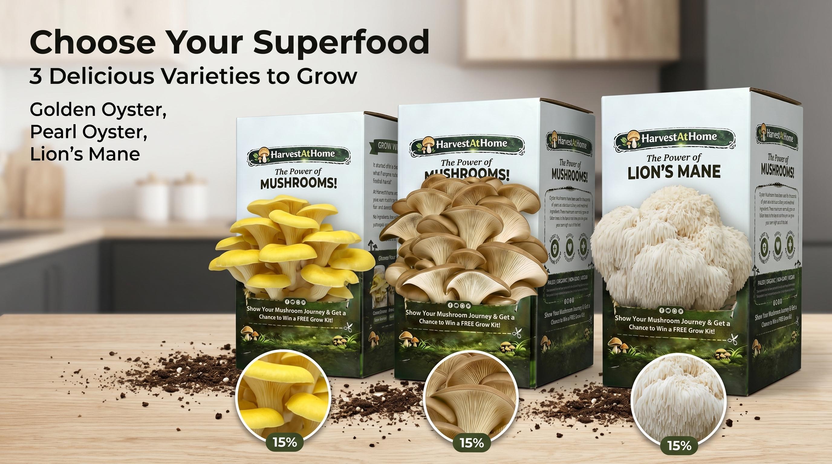 HarvestAtHome Certified USDA Organic Mushroom Kit 3-Pack (3.5lb) - Pure Mycelium Healthy Edible Fungi, 1-7 Days Fast Growth, Interactive Visual Experience, Food for Adults, Made in USA, All Seasons