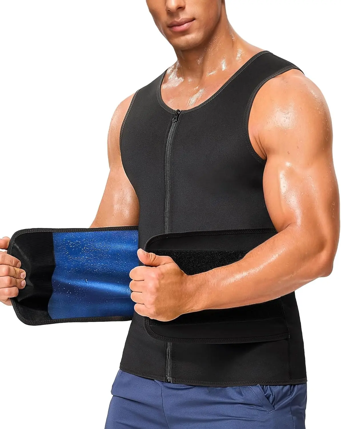Menswear Sauna Suit 2 in 1 Waist Trainer Sauna Shirt Sweat Band for Stomach Breathable Lightweight Invisible Compression Shapewear Slim Fit Tank Top Vest