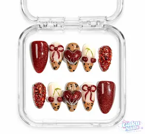 GakuNails CHERRY HEART 10 PCS Medium Almond Handmade Press On 3D Gel Builder Gel Heart Leopard Print for Valentine's Day Romantic Cute