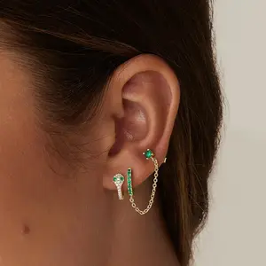 2 Pcs Women'S 14K Gold Plated Double Piercing Jewelry Set - Dangle Chain Huggie Hoop Earrings With Cubic Zirconia, Single Stud Ear Cuff, Diamond Dust Grillz,Shrimp Earrings,Heart Gauge Earrings,Fashionable Round Hoop Earring