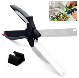 2 in 1 Kitchen Scissors for Food- Stainless Steel Blade & Plastic Cutting Board Scissors with Safety Lock | 9.6" Tomato Knife, Fruit & Vegetable Cutter -Easy-to-Use Kitchen Shears for Meat, Cheese, Holiday Gift