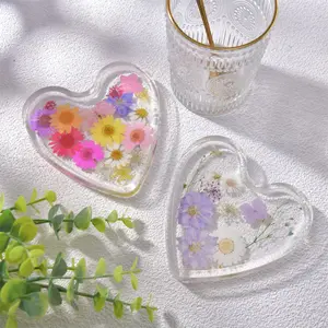Real Flowers Resin Coaster, Heart Shaped Ring Tray for Birthday Gift Set Tableware, Summer Gift