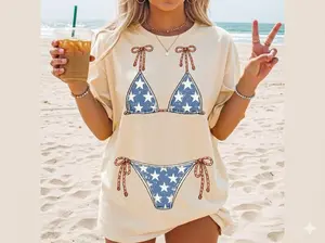 [SALE UP TO 50%] USA Bikini Top Comfort Color T-shirt, Red White Blue Swimsuit Inspired Tee, Vacation Beach Outfit, Cute Summer Graphic Shirt, Unisex Oversized Casual Gift For Travel Lovers