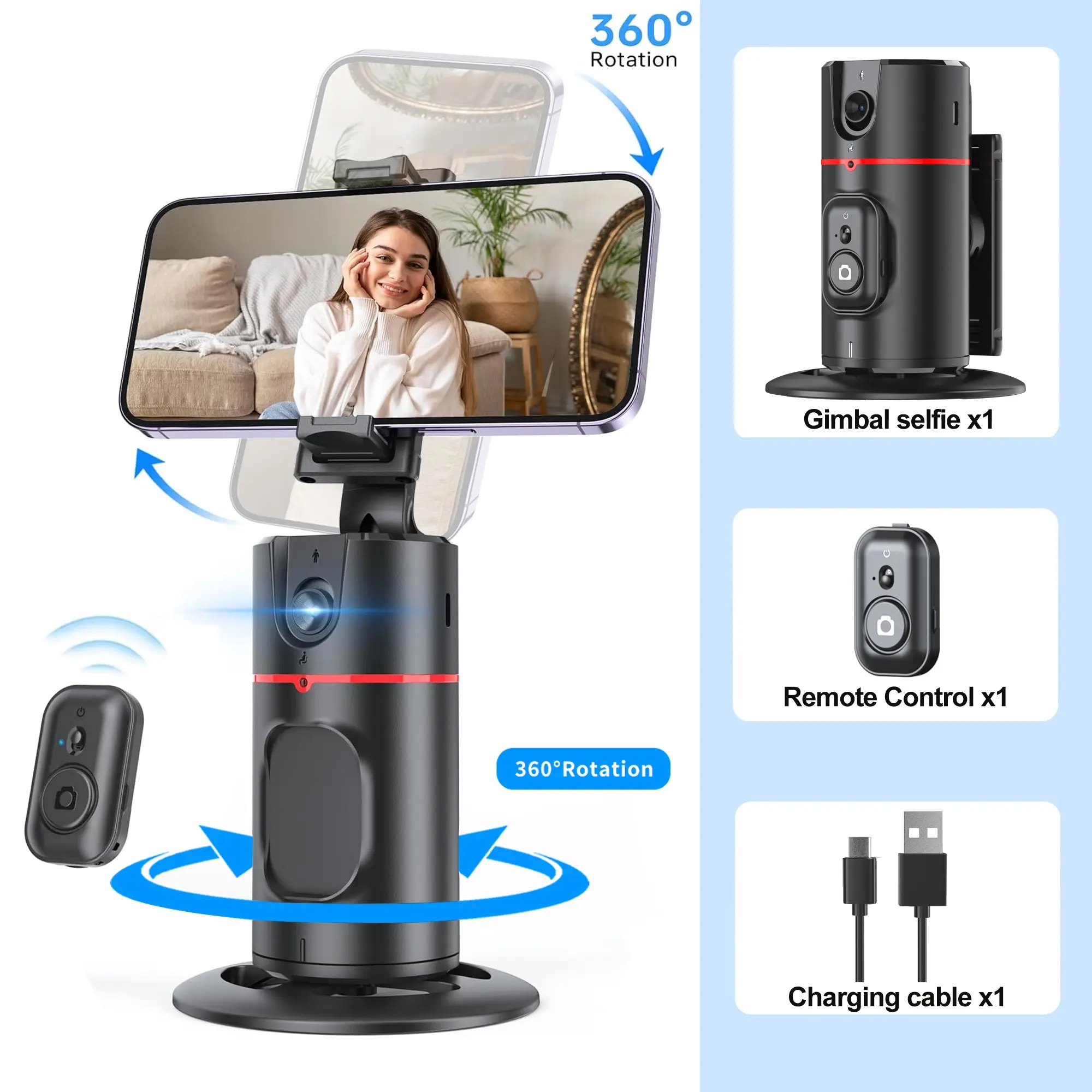 AI Smart Face Tracking Tripod, 360° Rotation Phone Mount, Gesture & Remote Control, No App Needed, Rechargeable Stand for Vlogging, Live Broadcast & Video Shooting