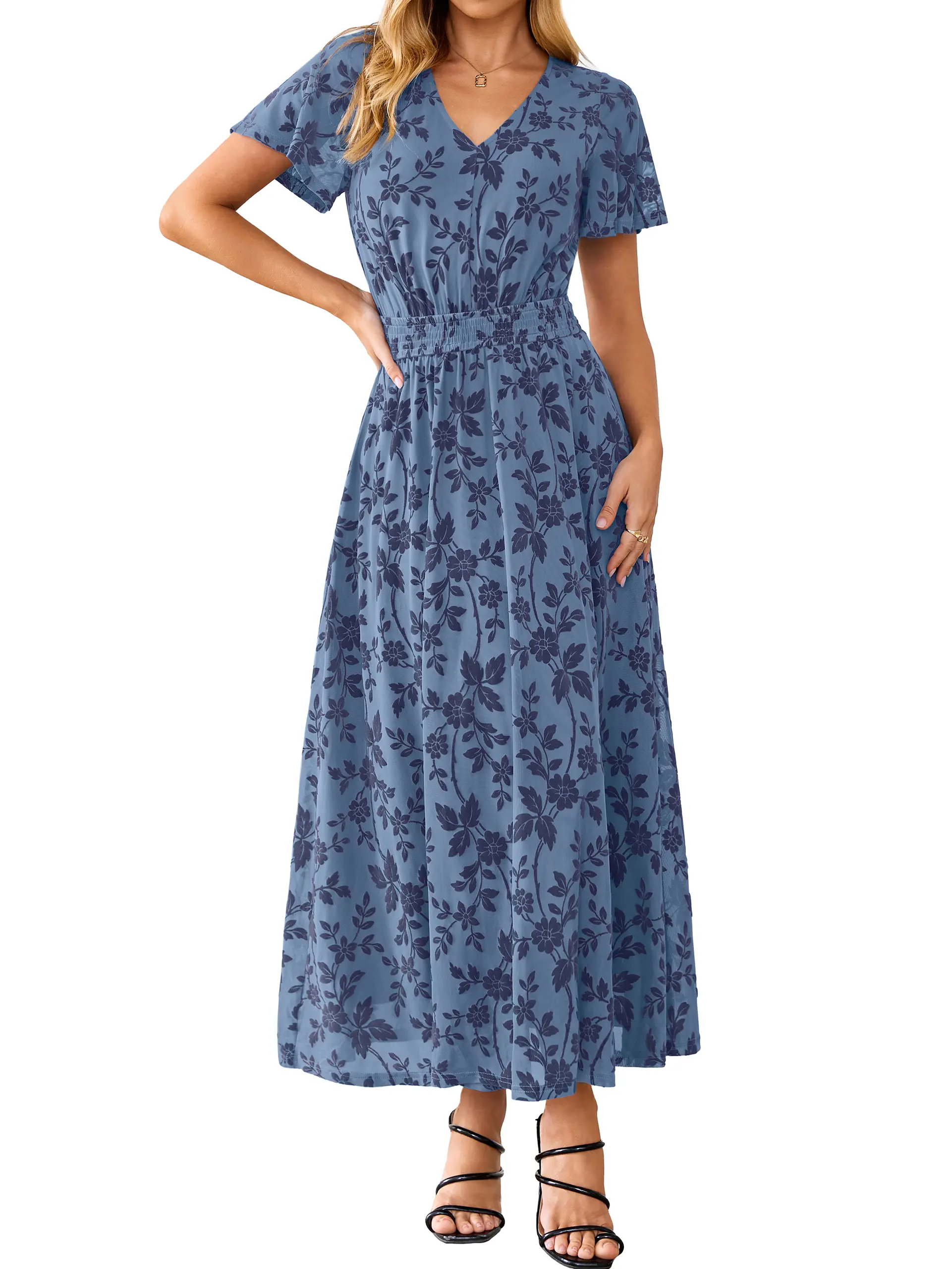 Simplee Womens Flocked Floral Maxi Dress | Velvet Modest Wedding Guest Dresses | Elegant Short Sleeve Empire Waist Formal Cocktail Long Gown