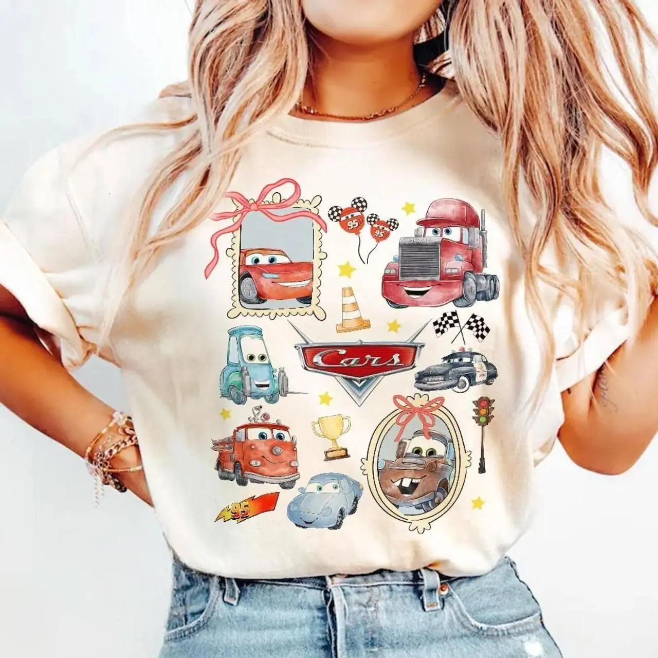 Retro Coquette Bows WDW Cars shirt, Lightning McQueen Mater Doc Hudson Sally Carrera Birthday Cars Family Shirt, WDW Girl Trip Shirt