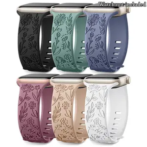 Floral Engraved Bands Compatible with Apple Watch Bands for Women & Men, Soft Silicone Cute Flower Pattern Sport Strap for iWatch Series 1-10, Ultra, SE