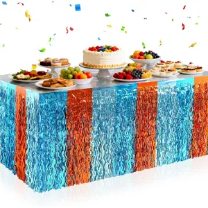 2 Pack Foil Table Skirts Fringe Table Banner Decorations, Rectangle Round Tables Curtains Streamer Backdrop for Birthday Baby Shower Wedding Engagement Holiday Graduation Party Supplies (Blue)